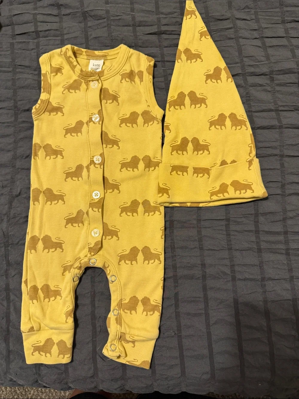 kate quinn Mustard Yellow Lion Print Baby Romper & Pointed Hat Set
